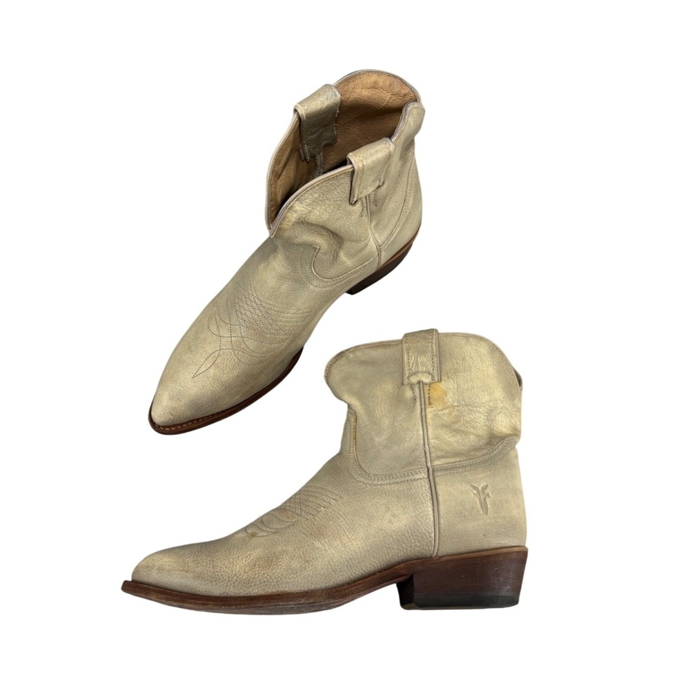 Frye Billy Short Western Ankle Boots Champagne Gold Distressed Leather Womens 10